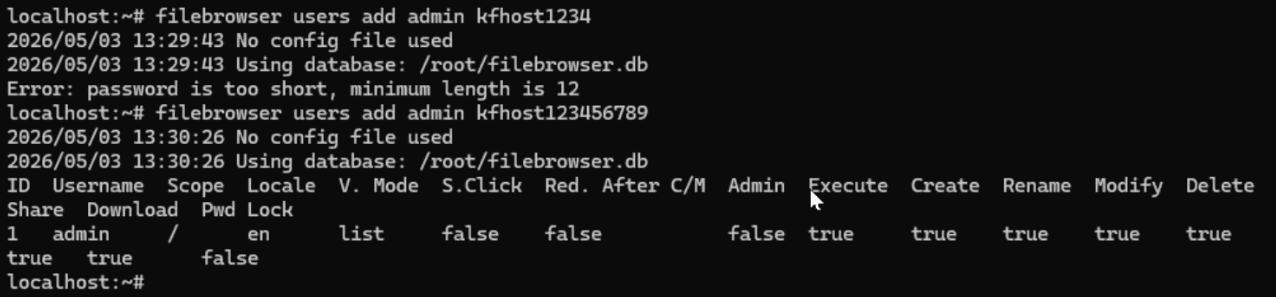 filebrowser users add admin SuaSenhaSecreta