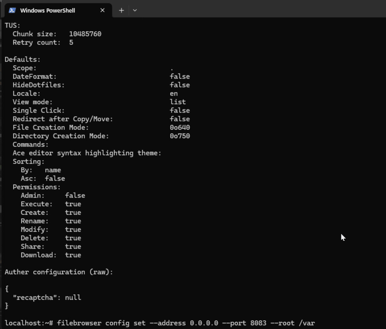filebrowser config set --address 0.0.0.0 --port 8083 --root /var