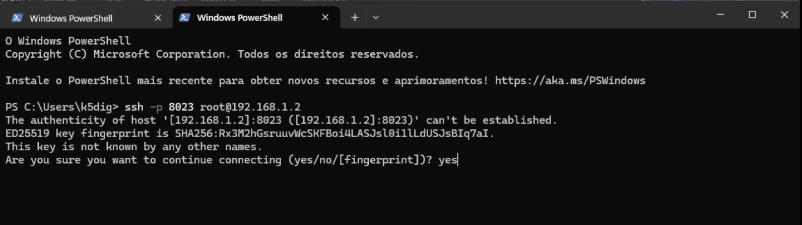 aviso de seguran&ccedil;a padr&atilde;o do SSH.